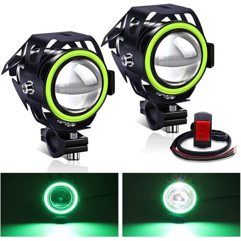 Phares avant de moto avec halo vert, 2 feux de circulation diurnes à LED avec interrupteur à 3 fils ON/ON/OFF, phares auxiliaires de moto étanches 12V 24V (1/5)