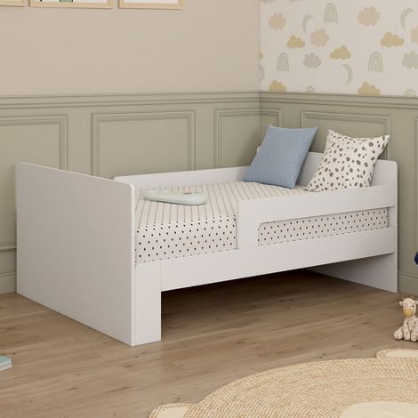 Cama individual convertible GASPARD de 90 x 140/190 cm con somier de láminas y barandillas de madera blanca