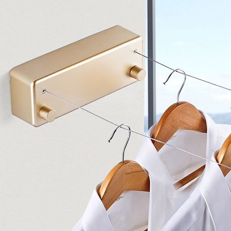 Étendoir à linge rétractable à double fil pour intérieur, hôtel, maison, balcon, salle de bain, couleur or (1/5)