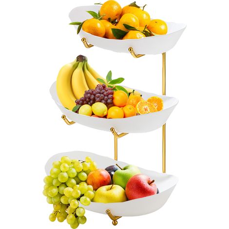 Cesta de frutas acrílica de tres niveles con soportes metálicos y cuencos para servir. Ideal para frutas, verduras, aperitivos, frutos secos, pasteles y postres. Perfecta para fiestas y bodas. (1/5)