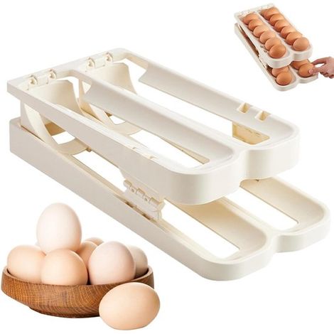 Estante para huevos, Rodador de huevos, 2 niveles, Contenedor de huevos rodante automático, Soporte para huevos plegable, Plástico (1/5)