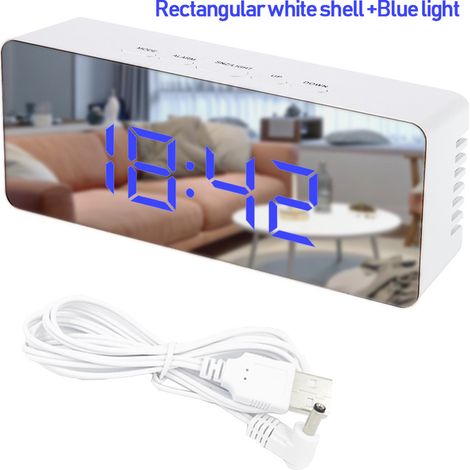 Sveglia elettronica multifunzione con specchietto per il trucco, data, temperatura, funzione snooze, modalità sonno, luminosità regolabile (cassa bianca, luce blu) - 14 x 5,5 x 3,4 cm (1/3)