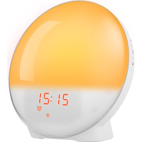 Despertador con simulador de amanecer, radio FM de 87,5 a 108 MHz, 12 colores, función de repetición y 4 alarmas para dormitorio. (1/5)