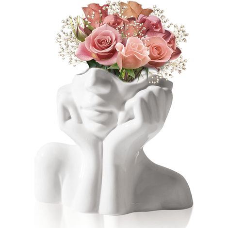 Vase visage en céramique blanche - Vase à fleurs moderne pour arrangement floral sec, décoration de chambre à coucher (1/5)