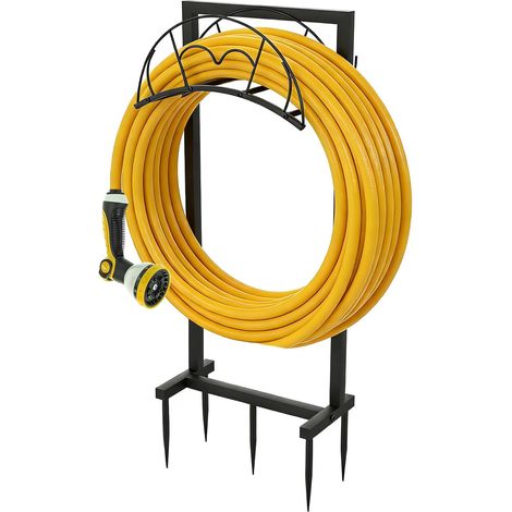 Support Tuyau Arrosage Autonome en métal 105cm avec 5 Piquets, Support de Tuyau Amovible Contient 50m Tuyau, pour Cour, Pelouse, Extérieur, Noir (1/5)