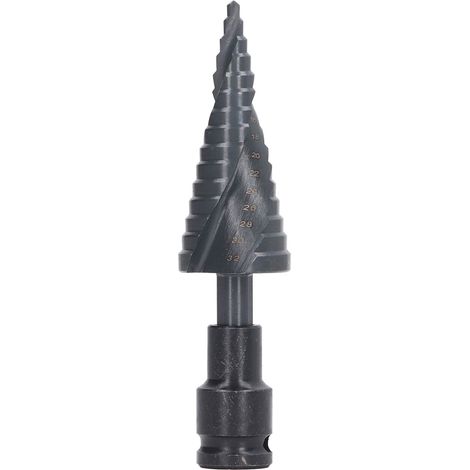 Foret étagé hélicoïdal à 2 goujures de 4 à 32 mm, queue hexagonale, pour acier, usage industriel, pour métaux, bois et plastique.