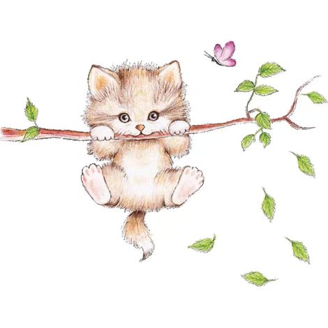Stickers muraux enfants CHAT MIGNON (70x55 cm) Autocollant mural chambre bébé animaux forêt arbre branche fleurs (1/4)