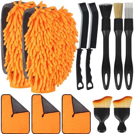 12 pcs Car Cleaning Kit - 3 Microfibre Wipes, 2 Washing Gloves, 7 Pcs Brush Detailing Auto, Car Interior Cleaning Kit (1/5)
