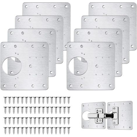 Plaque Reparation Charniere Porte, 8 Pièces Charnière Porte Placard, Réparation Charnière Meuble, Kit de Réparation Meuble en acier inoxydable avec 64 Vis (1/5)