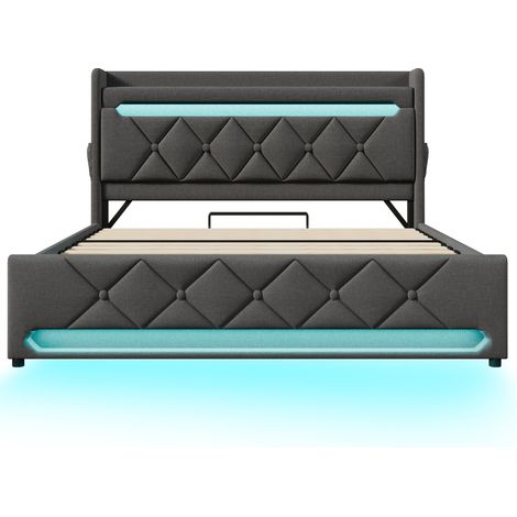 Cama doble 180x200 cm con almacenaje hidráulico LED USB y USB-C gris lino HOMVRA (1/5)