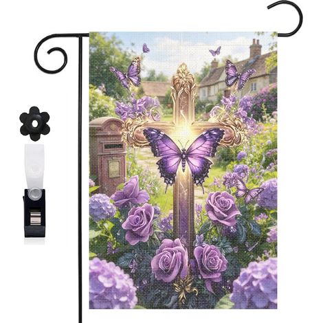 Bannière de cour ambiance mystérieuse et croix avec papillon 30 x 45 cm décoration maison de campagne (1/5)