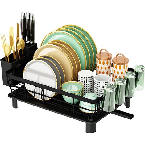 Egouttoir Vaisselle sur Evier Égouttoir à Vaisselle Noir Egouttoir Vaisselle en Metal Dish Rack avec Plateau Dish Drainer avec Porte Couverts et Porte Tasse