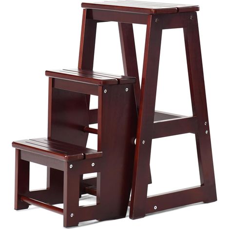 COSTWAY Sgabello Scaletta 3 Gradini in Legno di Pino, Sgabello Scala Pieghevole Salvaspazio, Scaletta 3 Gradini a Ribalta, Capacità Portante 150 kg, 57 x 38,5 x 66cm (Noce Scuro) (1/5)
