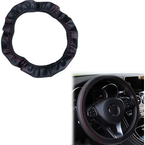 Coprivolante per auto, impermeabile, in similpelle elastica, antiscivolo, per volanti di veicoli, accessorio universale per volanti con diametro di 37-38 cm (nero) (1/3)