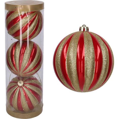 3 Palline con Strisce glitter D.15 cm Rosso/Oro