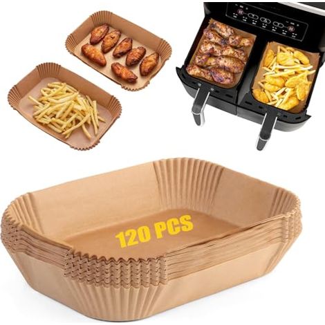 Papier Cuisson pour Ninja Air Fryer, 120 Pièces Rectangulair Paper Liners Friteuse Sans Huile Accessoires compatible avec Ninja Foodi Dual Zone Double Stack et autres Double Airfryer (1/4)