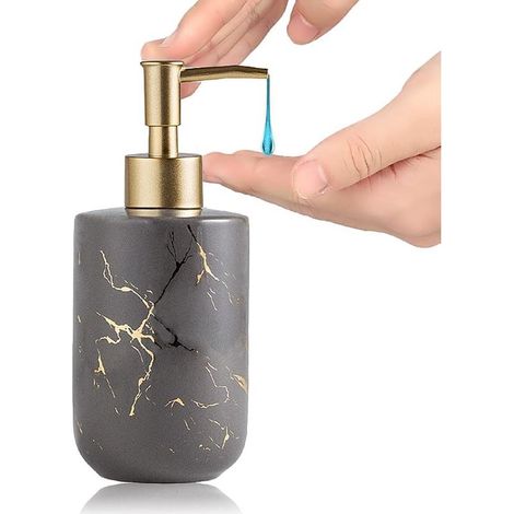 Distributeur de savon céramique 300 ml aspect marbre, pompe à savon pour les mains, distributeur de gel douche, accessoire de salle de bain - gris (1/5)
