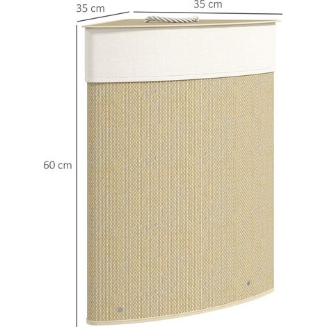 Panier à linge d'angle en bambou 55 L avec couvercle et poignée, sac amovible et lavable 35 x 35 x 60 cm, couleur crème (1/5)