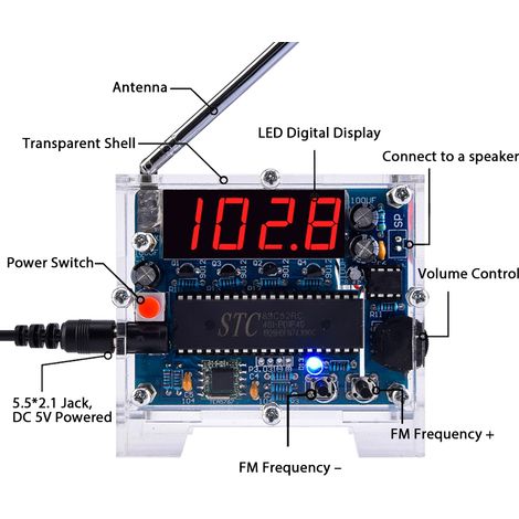 Kit DIY radio FM numérique LED à souder module SCM 5W 87-108MHz réglage pas à pas coffret éducatif enseignement câble USB 5V boîtier transparent