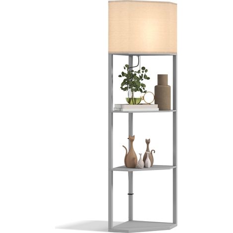Corner Floor Lamp with Shelves, Tall Standing Lamps for Living Room, with Pull Chain Switch Bulb not Included, Grey