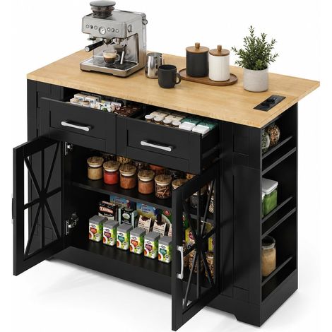 FurnitureR Black Kitchen Island Trolley 120x65x92cm with Power Strip (1/5)
