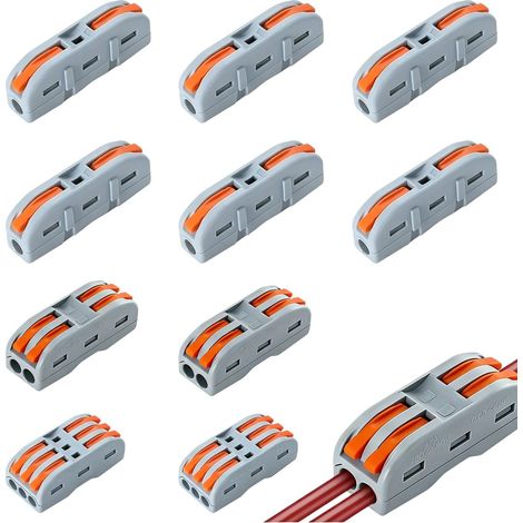 10 Pièces Connecteurs Électriques Rapides avec Levier, Bornes de Connexion Automatique 1, 2 et 3 Entrées, Domino Électrique pour Fils Souples et Rigides, Matériau PA/PC Ignifuge, Orange (1/5)