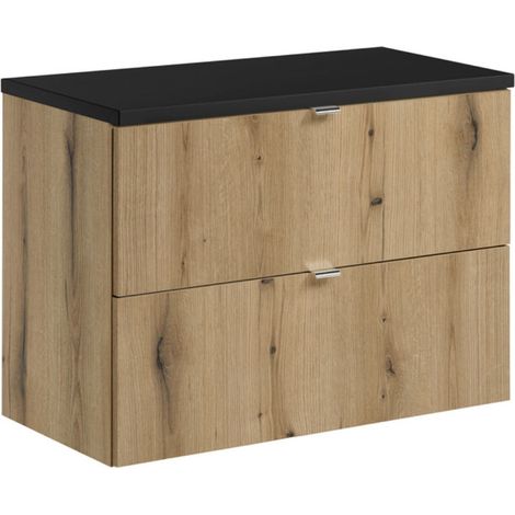 Meuble sous-vasque suspendu NOVA OAK 2 tiroirs avec plan de travail – Naturel et rangement pratique 80 cm-Naturel/Noir-Largeur 80 cm (1/5)