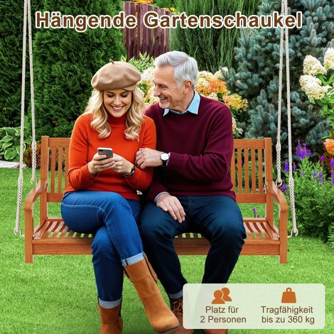 Banc balançoire 2 places en acacia avec dossier à lattes, accoudoirs courbés et cordes robustes pour véranda, jardin et terrasse (1/5)