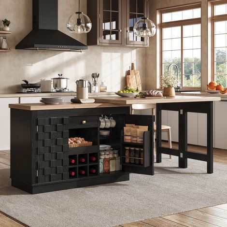 Îlot de Cuisine à Plateau Pivotant 360 Degrés, Tiroir, Rangement et Casier à Vin Amovible, MDF Noir, 120×40×74.2 cm (1/5)