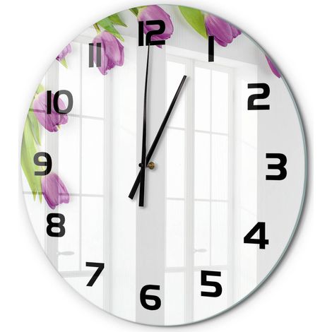 Horloge Murale Ronde Verre Trempé Silencieuse Décorative Salon Chambre Tulipes violettes fi 60 cm (1/5)