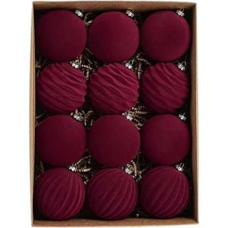 Boules de Noël en velours, ornements boules rouges, 12 boules décoratives floquées, boule de Noël style ferme, décoration saisonnière (1/5)