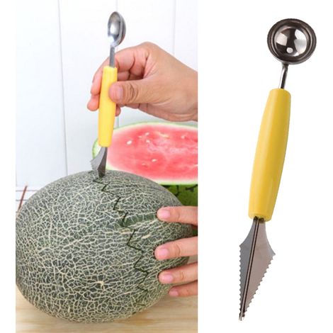 Obstschnitzlöffel, gelb, multifunktional, arbeitssparend, Edelstahl, doppelseitiger Melonenausstecher, für Wassermelonenteller (1/5)