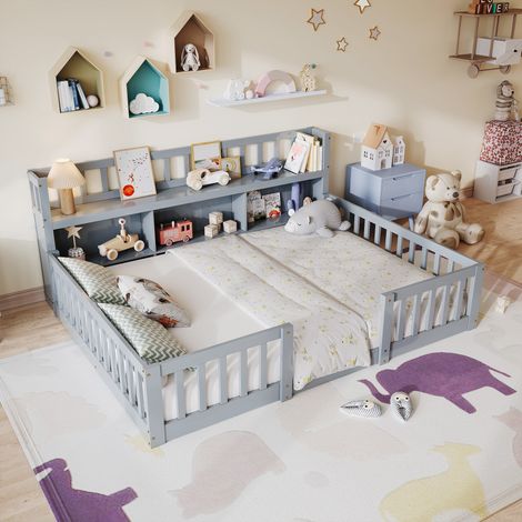 Bett 140x200cm – Mitwachsendes Bett aus Massivholz – Kinderbett mit Ablagefächern und Montessori-Sicherheitsgitter – Grau