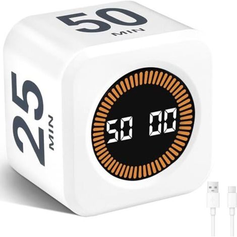 Temporizador visual cúbico, temporizador Pomodoro giratorio, temporizador de cuenta regresiva de 5/10/25/50 minutos y personalizable, modos silencioso y zumbador, recargable por USB-C, temporizador de (1/4)