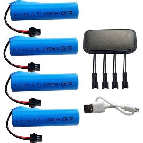 Batterie Lithium-ION 3.7V 1200mAh Prise SM-2P avec câble de Chargement USB pour Voiture Télécommandée, Camions RC, Jouet Batterie pour Pistolet à Bulles de fusée Bazooka (4 pièces) (1/5)