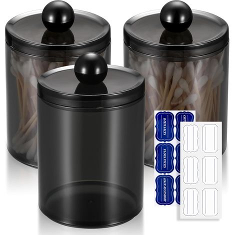 Lot de 3 Supports Coton-tiges, Récipient Noir Transparent, Avec Couvercle, Étiquettes Incluses, Pour Salle De Bain (1/5)