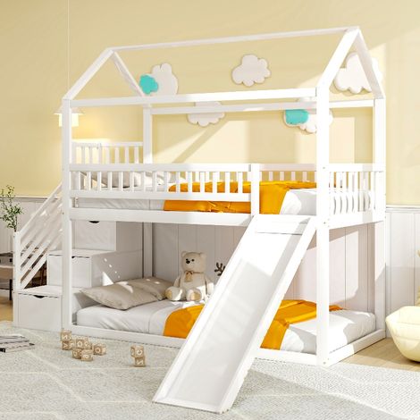 Kinderetagenbett 90x200 cm mit Rutsche und Stauraumleiter, Massivholz Hochbett in Weiß, Spielbett mit hohem Rausfallschutz und Lattenrost (1/5)