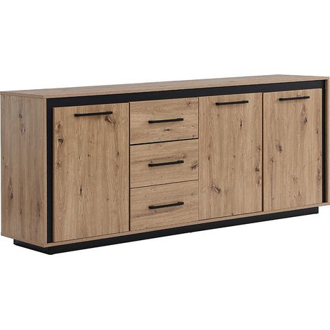 Vente-Unique – Buffet 3 portes 3 tiroirs en MDF mélaminé – Couleur naturel clair et noir – Mécanisme soft close – Dimensions 180x75x40 cm