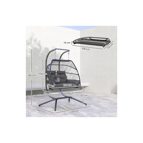 Fauteuil suspendu avec support pliable, panier suspendu avec coussin, polyrattan ergonomique, balançoire suspendue pour 2 personnes extérieur, chaise suspendue charge jusqu'à 260kg, fauteuil pour balc (1/5)