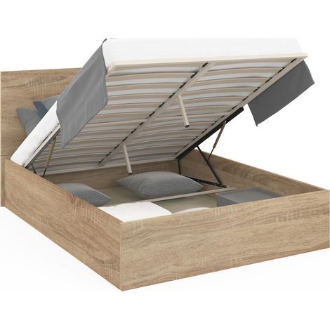 Idmarket – Lit coffre double SEASIDE 160 x 200 cm – Tête de lit et sommier 24 lattes en bois – Coffre de rangement avec vérins de levage