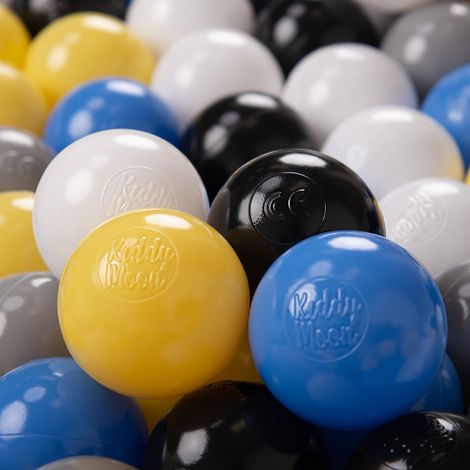 Juego de 200 pelotas de juguete KiddyMoon de plástico de 6 cm, color negro, blanco, gris, azul y amarillo.