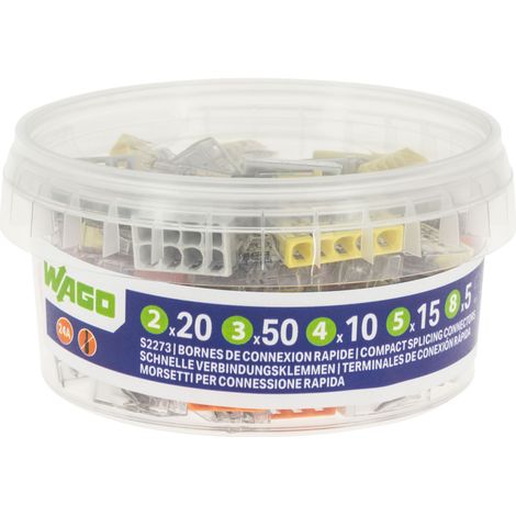 Wago – Pot de 100 bornes de connexion automatique S2273 – 20 bornes 2 entrées, 50 bornes 3 entrées, 10 bornes 4 entrées, 15 bornes 5 entrées, 5 bornes 8 entrées – Technologie PUSH WIRE