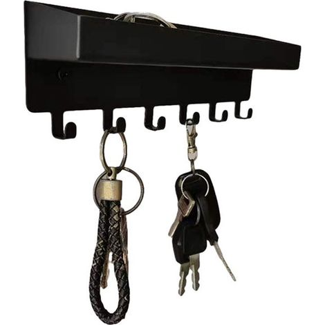 Soporte de pared para llaves, estante de almacenamiento con cajón y 6 ganchos, 25 x 7,5 x 4,5 cm, tornillos incluidos para pasillos/salones - Negro (1/5)