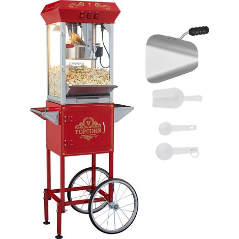 Machine à pop-corn avec chariot 850 W cuve 225 g 48 tasses couvercle verre trempé 4 cuillères doseuses rouge cinéma