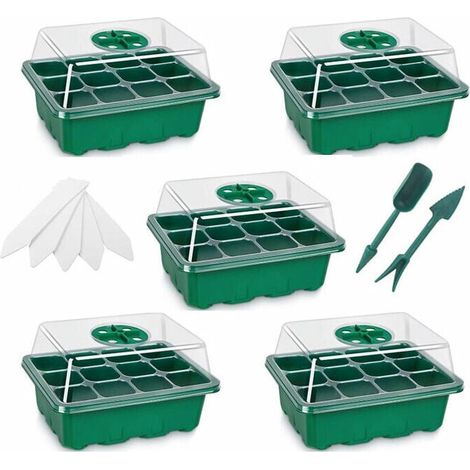 Mini-Gewächshaus für Pflanzen, 5 Stück, 12 Zellen, Setzlingsschale für den Innenbereich, Setzlingsschale, Anzuchtkasten mit robustem Deckel und Belüftung (1/4)