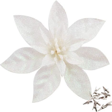 12 Pack Artificial Glitter Christmas Flowers (16cm) with 12 Clips (White) (1/5)