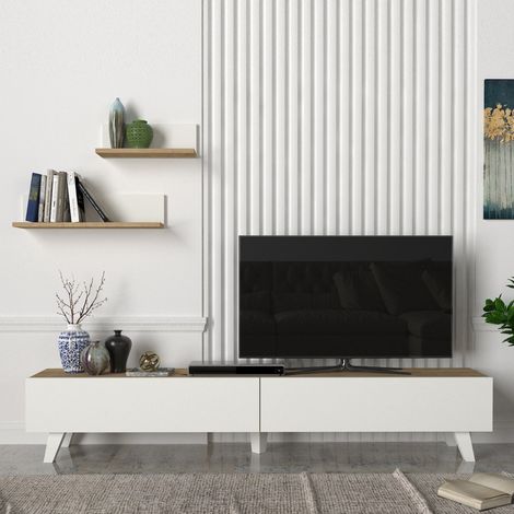 [En.Casa] – Ensemble meuble TV et 2 étagères – Dimensions 180 x 31 x 33 cm – Panneau de particules effet chêne blanc – Rangement optimisé (1/5)