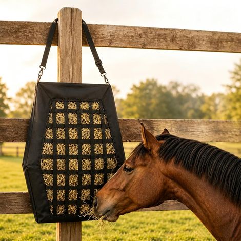 Sac à foin pour chevaux avec trous de 6 cm, sac à foin pour chevaux en Oxford robuste et résistant aux intempéries, avec sangle de fond et crochet en métal, jusqu'à 10 kg de foin (1/5)