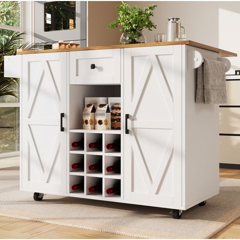 Carrito de cocina 137,5x65x95,6 cm de MDF blanco con encimera abatible - MEUBLIV (1/5)