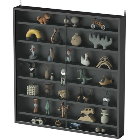 Bacheca Portaoggetti 6 Ripiani Regolabili Legno Ante Vetro, Nero 80x9,5x83 cm